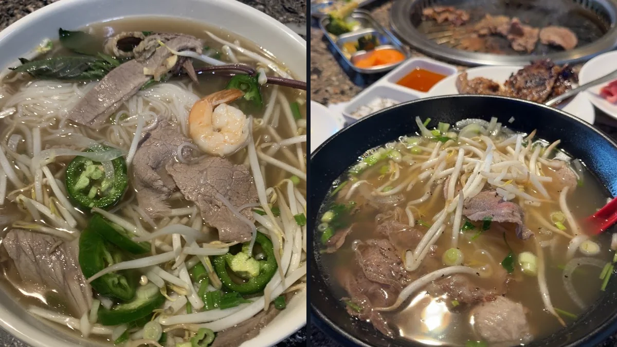 Plated pho beside small side dishes.